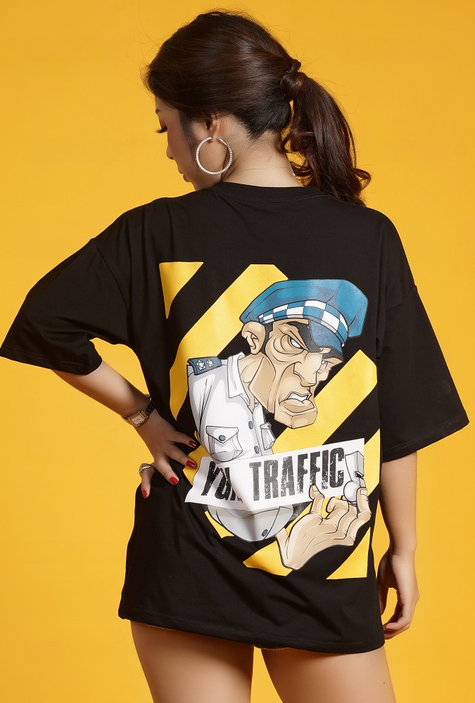 Ygn Traffic Police Oversized T-Shirt Girl  (Black)